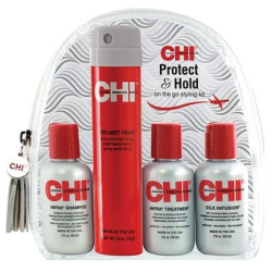 CHI Protect & Hold Travel Kit with Infra Shampoo, Infra Treatment, Silk Infusion and Helmet Head Hair Spray CHI Protect & Hold Travel Kit with Infra Shampoo, Infra Treatment, Silk Infusion and Helmet Head Hair Spray