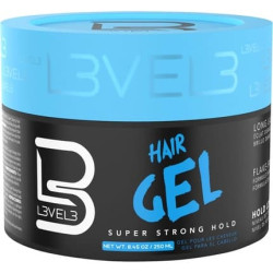 L3VEL3 Super Strong Hair Gel Creates Sleek Long Lasting Hairstyles Gives Volume and Adds Shine Water Based and Flake Free Formula Clean and Refreshing Scent Rinses out Easily 250ml Super Strong Hold