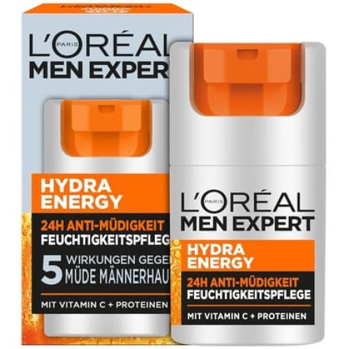 L'Oréal Men Expert Face Care for Tired Skin for Men, Revitalizing Moisturizer 24H Anti-Fatigue with Vitamin C and Proteins, Hydra Energy 50ml L'Oréal Men Expert Face Care for Tired Skin for Men, Revitalizing Moisturizer 24H Anti-Fatigue with Vitamin C and Proteins, Hydra Energy 50ml