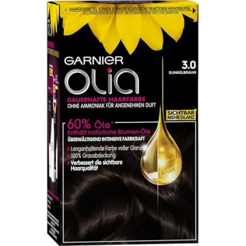 Garnier Olia Hair Colouration Dark Brown 3.0 60% Flower Oils Intense Colour Strength