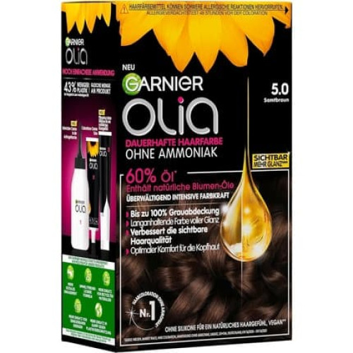 Garnier Olia Permanent Hair Colour without Ammonia with Nourishing and Natural Oils Full Grey Hair Coverage No. 5.0 Velvet Brown