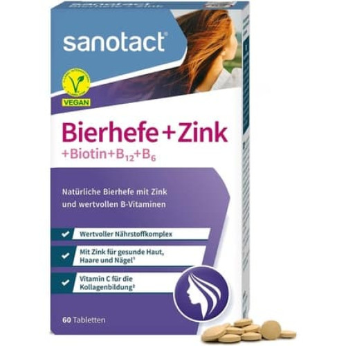 Sanotact Brewer's Yeast + Zinc 60 Tablets Vegan Hair Skin Nails Vitamins with Biotin, B12, B6 - High Efficacy Beauty Formula
