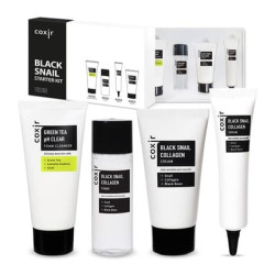 [coxir] Black Snail Collagen Starter Kit Foam Cleanser+Toner+Serum+Cream Black-3-Complex: Black Rice, Bean, Sesame, Snail Mucin, Collagen Repairing&Firming