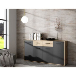 Buffet PILVI - Style contemporain -   Décor Chêne et noir - 4 portes + 2 tiroirs - L 162,3 x P 34,2 x H 81,7 cm