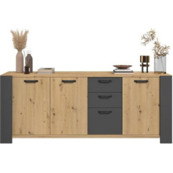 Buffet LOFT - Décor chêne artisan et gris ombre - 3 portes et 3 tiroirs - L 220 x P 52 x H 86.5 cm - PAR