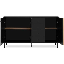 Buffet - MONZA - Décor noir / chêne - 3 portes - 4 tiroirs - 160 x 90 x 40 cm